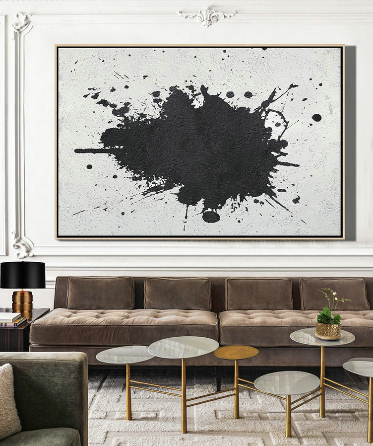 Modern Canvas Art,Oversized Horizontal Minimalist Splash Art On Canvas, Black And White Minimalist Painting - Hand-Painted Contemporary Art